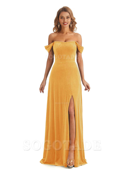 Elegant Mermaid Off The Shoulder Unique Velvet Side Slit Backless Long Bridesmaid Dresses Formal Wear Dresses