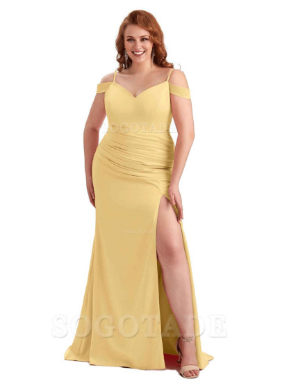 Sexy Side Slit Mermaid Cold Shoulder Soft Satin Long Plus Size Bridesmaid Dresses Online