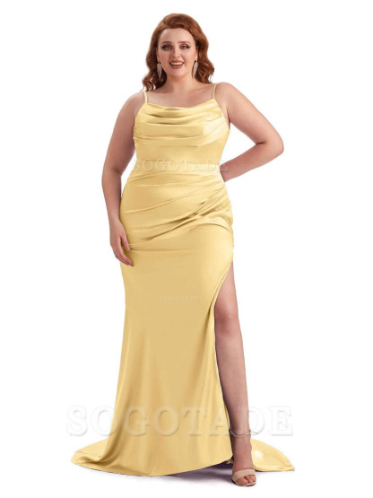 Sexy Jewel Side Slit Mermaid Soft Satin Long Plus Size Bridesmaid Dress For Wedding