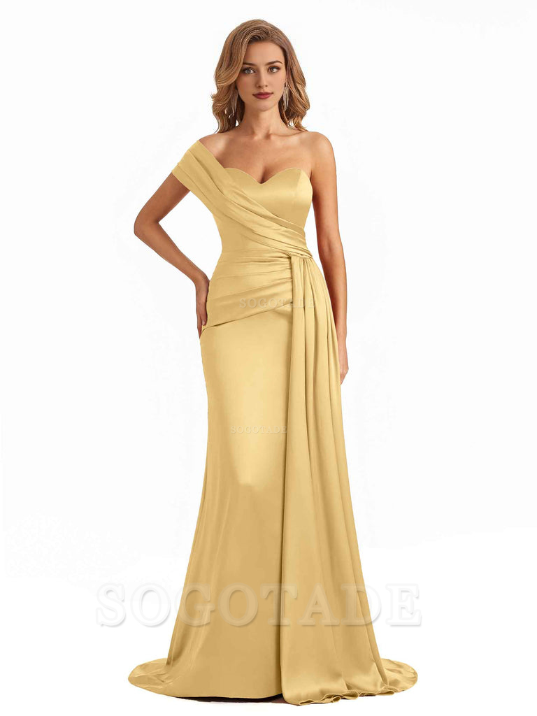 Elegant One Shoulder Soft Satin Long Mermaid Bridesmaid Dresses Online prom shop dresses ﻿