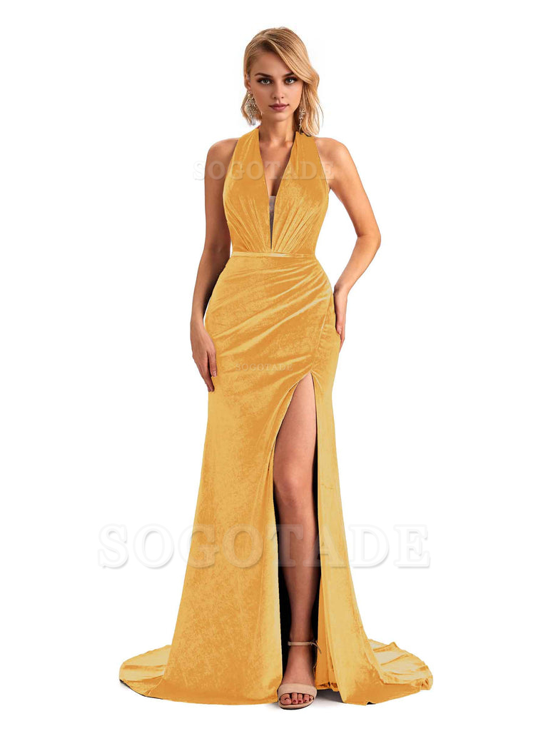 Sexy Deep V Neck Backless Mermaid Halter Side Slit Velvet Long Bridesmaid Dresses Online