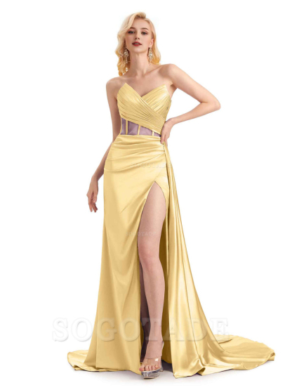 Sexy Soft Satin Side Slit See Through Floor-Length Long Mermaid Bridesmaid Dresses prom shop dresses