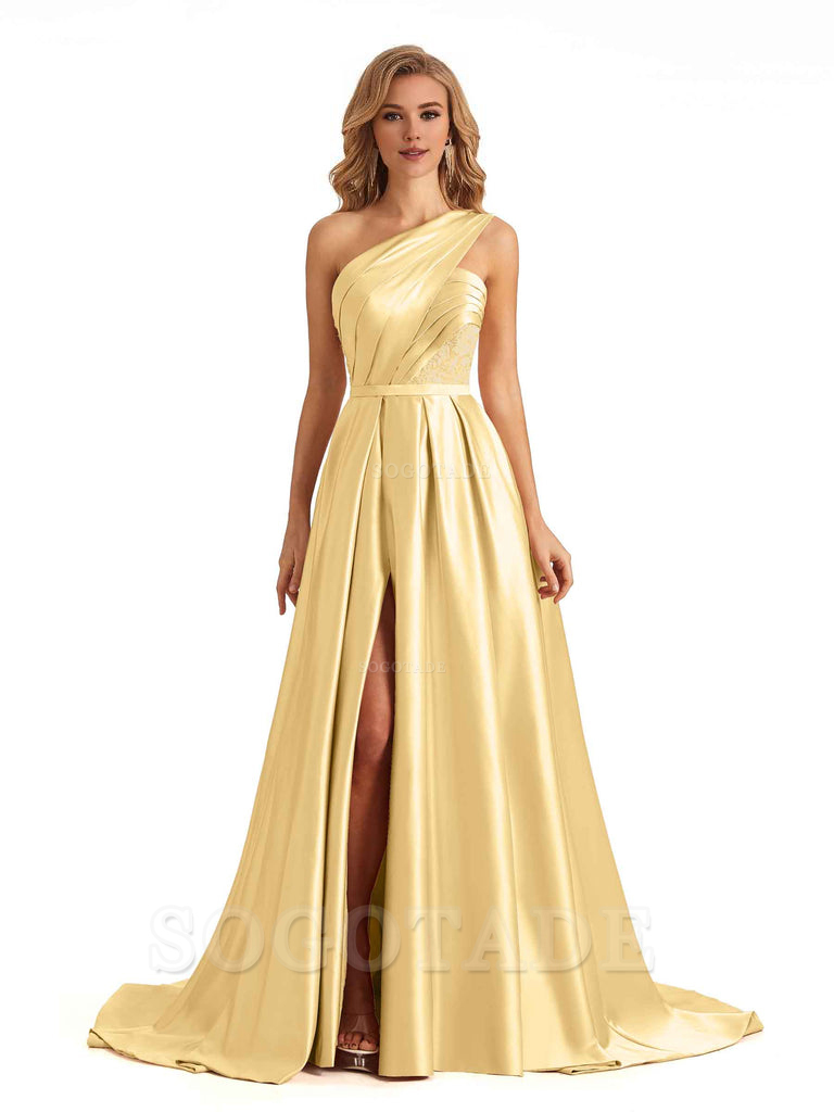 Sexy Side Slit One Shoulder A-Line Soft Satin Long Bridesmaid Dresses Online prom dress in store