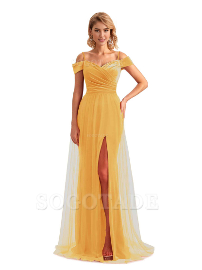 Elegant Mermaid Spaghetti Straps Floor Length Cold Shoulder Side Slit Tulle Velvet Long Bridesmaid Dresses