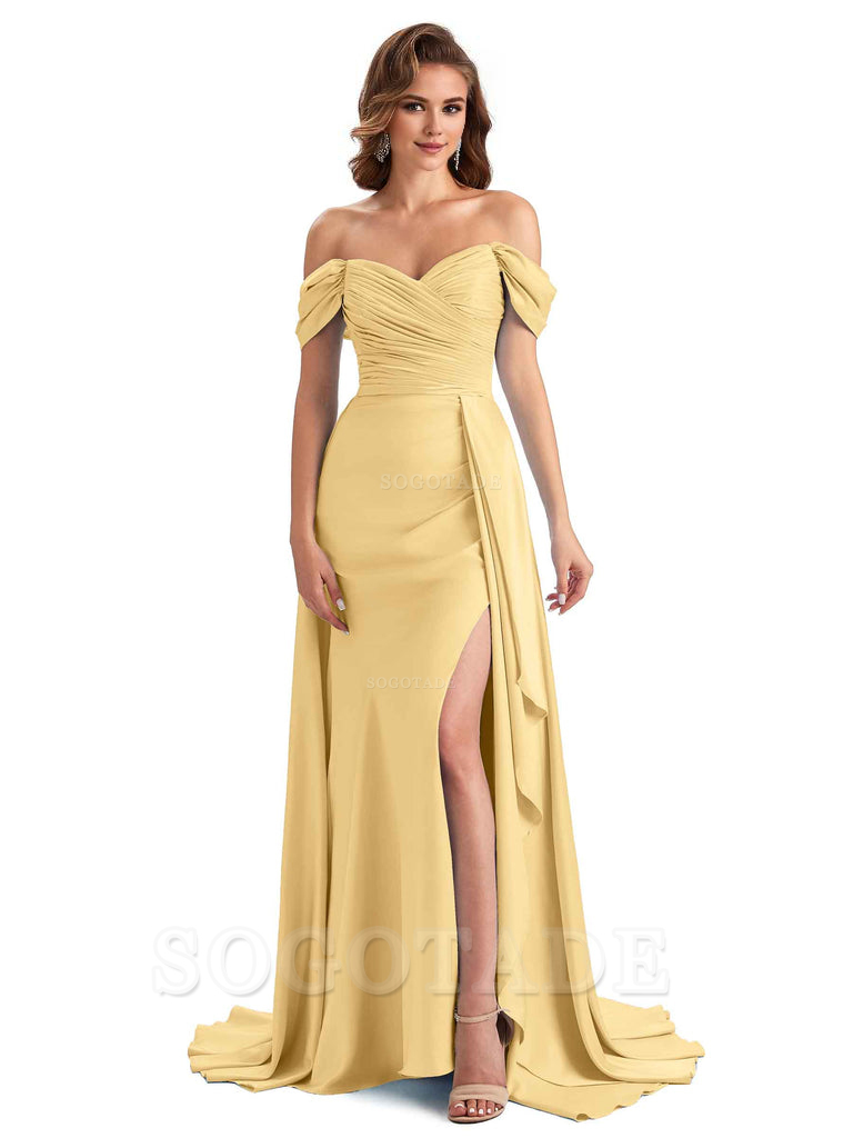 Sexy Side Slit Mermaid Soft Satin Off The Shoulder Long Unique Bridesmaid Dresses prom dress in store