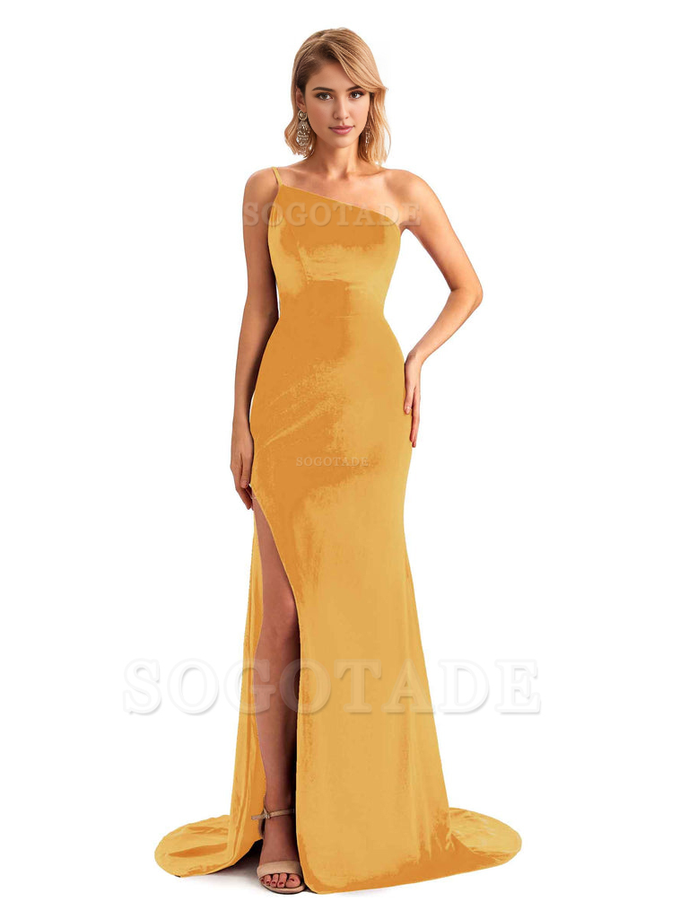 Sexy Side Slit Mermaid Spaghetti Straps One Shoulder Formal Velvet Long Bridesmaid Dresses