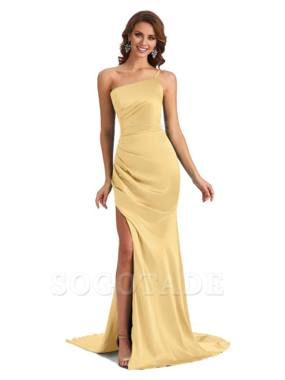 Sexy Silky Satin Side Slit One Shoulder Unique Long Wedding Guest Maxi Dresses