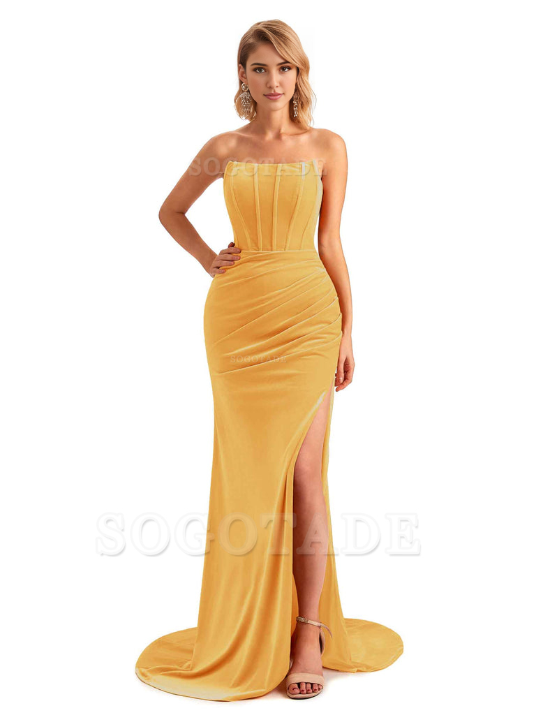  Sexy Side Hight Slit Sleeveless Mermaid Strapless Velvet Long Bridesmaid Dresses Online