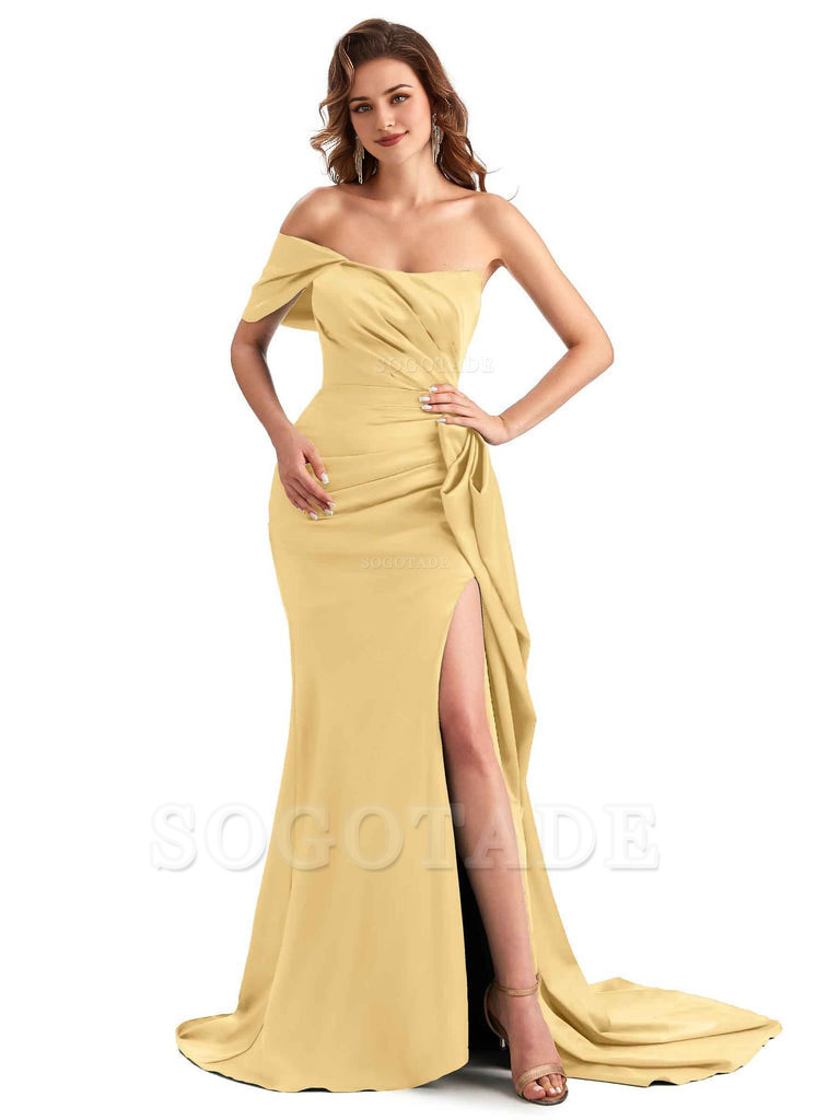 Sexy Side Slit Mermaid Silky Satin One Shoulder Chic Long Maid Of Honor Dresses