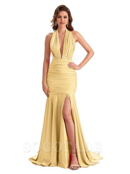 Mermaid Halter V-neck Satin formal dresses evening gown Bridesmaid Dresses With Side Slit 
