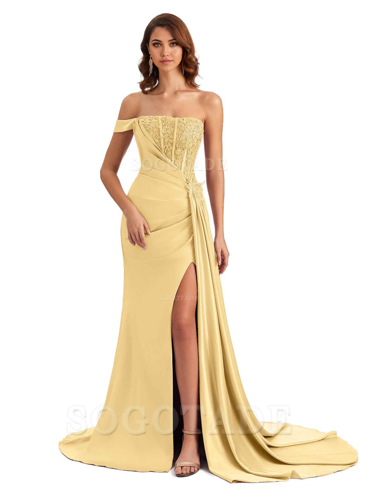 Mermaid Off Shoulder Applique formal dresses evening gown Bridesmaid Dresses With Side Slit 