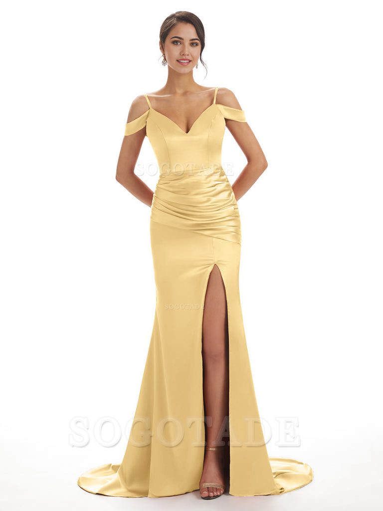 Mermaid Off The Shoulder Satin formal dresses evening gown Bridesmaid Dresses With Side Slit 