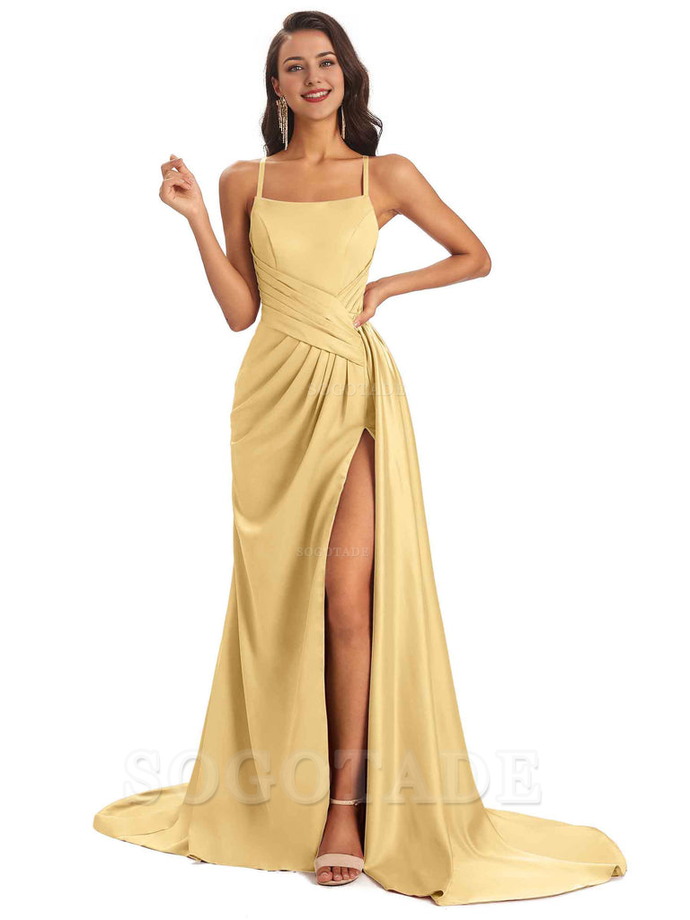 Sexy Soft Satin Side Slit Spaghetti Straps Long Maxi Bridesmaid Dresses prom shop dresses