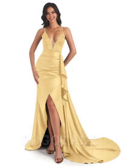 Sexy Spaghetti Straps Soft Satin Side Slit Pleats Unique Mermaid Bridesmaid Dresses prom shop dresses ﻿