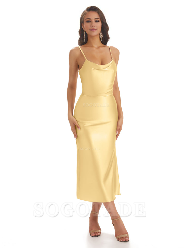 Sexy Soft Satin Spaghetti Strap Tea-Length Midi Short Bridesmaid Dresses prom shop dresses