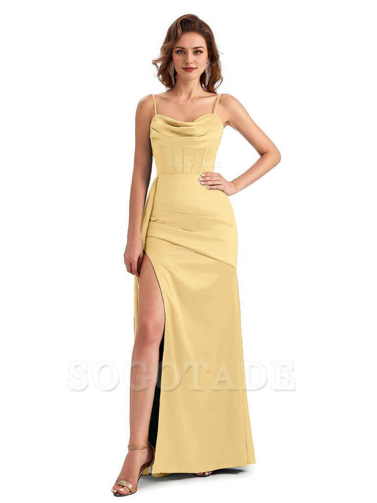 Sexy Side Slit Mermaid Silky Satin Spaghetti Straps Unique Wedding Guest Dresses