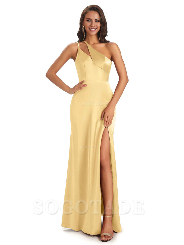 Sexy Soft Satin Side Slit One Shoulder Floor-Length Mermaid Long Bridesmaid Dresses Elegant Evening Party Dress