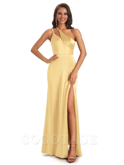 Sexy Soft Satin Side Slit One Shoulder Floor-Length Mermaid Long Bridesmaid Dresses Elegant Evening Party Dress