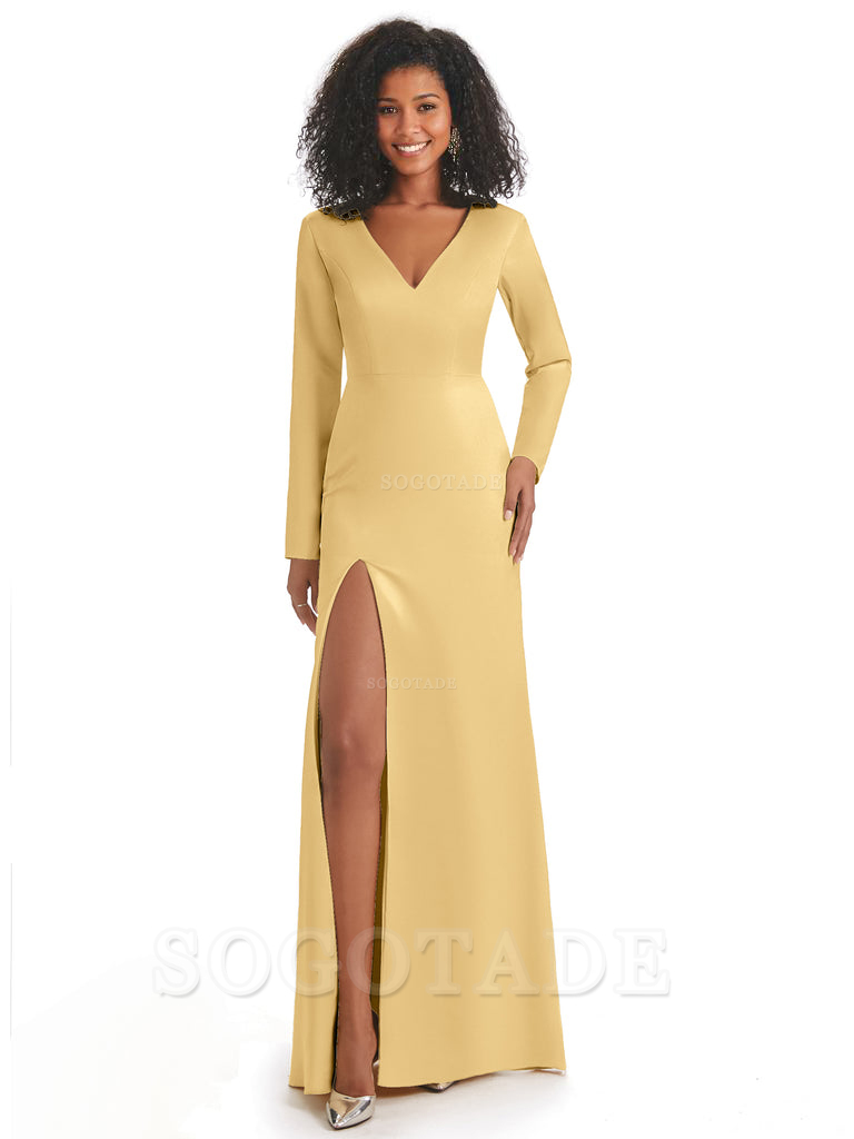 Soft Satin Side Slit Long Sleeves V-Neck Long African Mermaid Bridesmaid Dresses Elegant Evening Party Dress