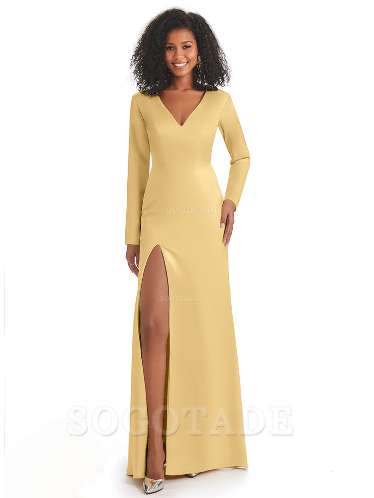 Soft Satin Side Slit Long Sleeves V-Neck Long African Mermaid Bridesmaid Dresses Elegant Evening Party Dress