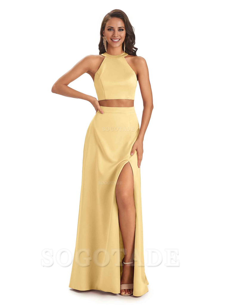 Soft Satin Two-Pieces Halter Side Slit Sexy Fashion Bridesmaid Dresses Charming Evening Party Dress