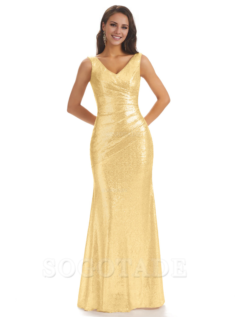 Sexy Sequin V-Neck Sparkly Long Mermaid Bridesmaid Dresses Charming Evening Party Dress