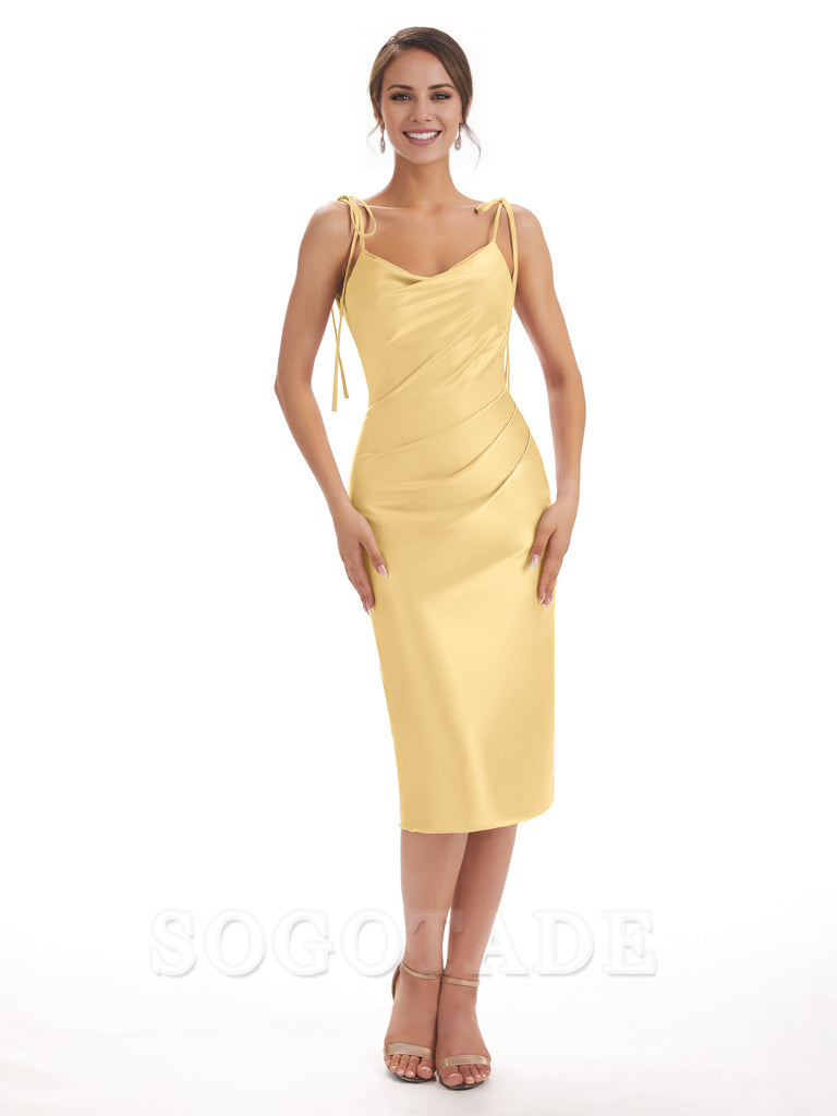 Tea Length Midi Short Bridesmaid Dresses Spaghetti Straps Satin Elegant Evening Party Dress