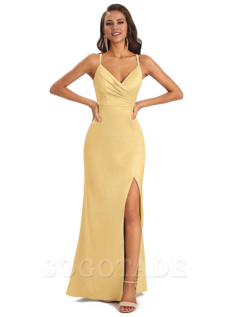 Soft Satin Side Slit Spaghetti Straps Long Unique Mermaid Bridesmaid Dresses Elegant Evening Party Dress