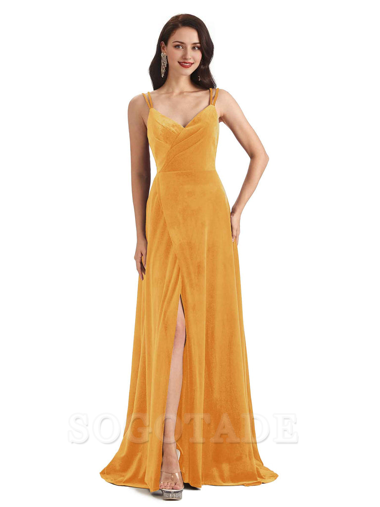 Sexy Velvet Long Bridesmaid Dresses Spaghetti Straps Open Back with Side Slit