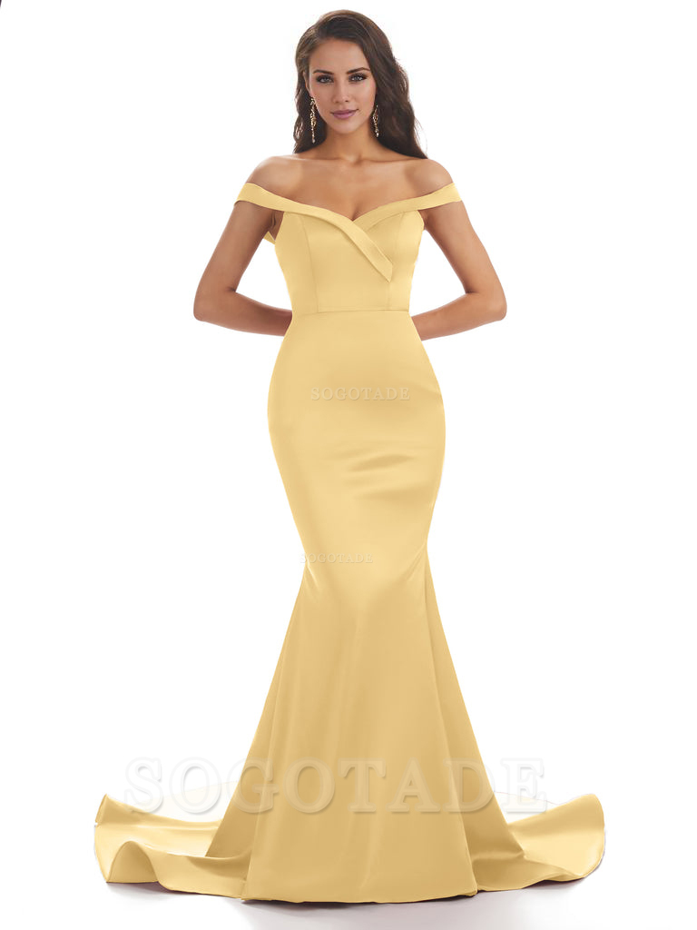 Elegant Off The Shoulder Soft Satin Mermaid Long Bridesmaid Dresses Charming Evening Party Dress
