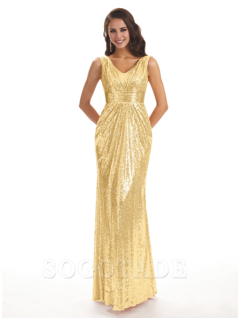 Sparkly V-Neck Sequin Long Mermaid Bridesmaid Dresses Sleeveless Charming Evening Party Dress