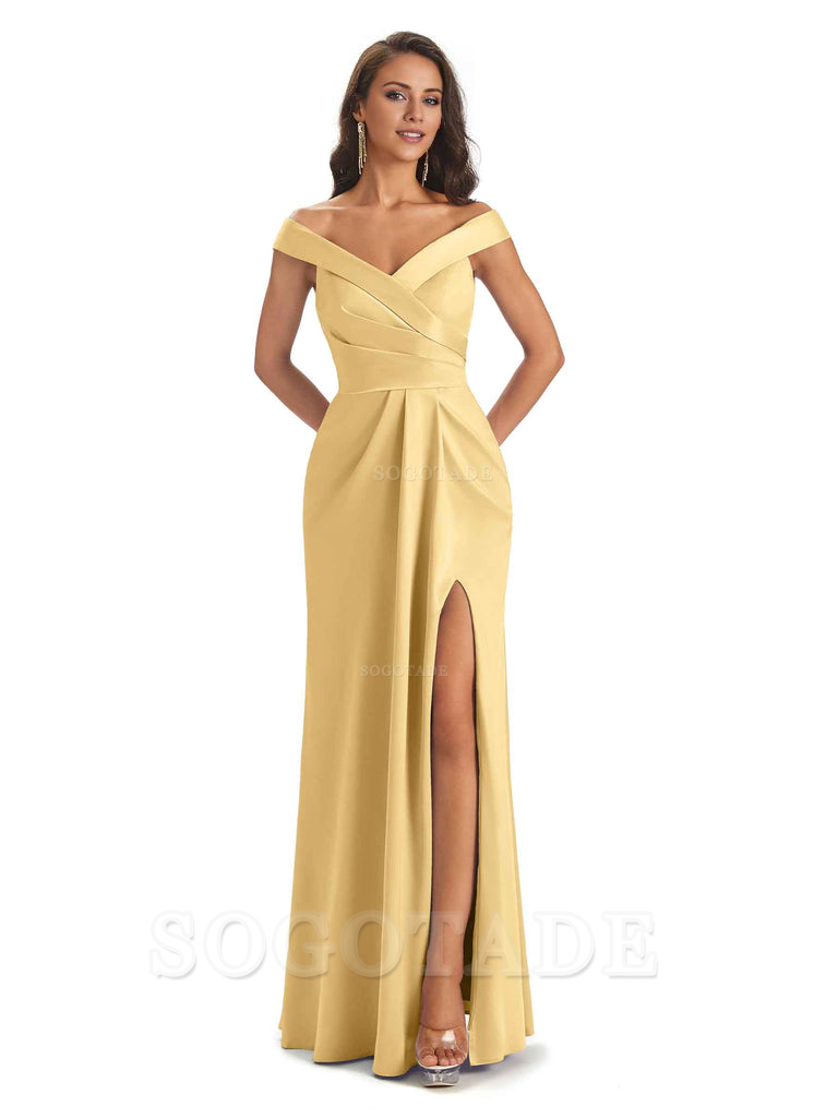 Sexy Soft Side Slit Off Shoulder V-Neck Long Satin Ladies Bridesmaid Dresses Elegant Evening Party Dress