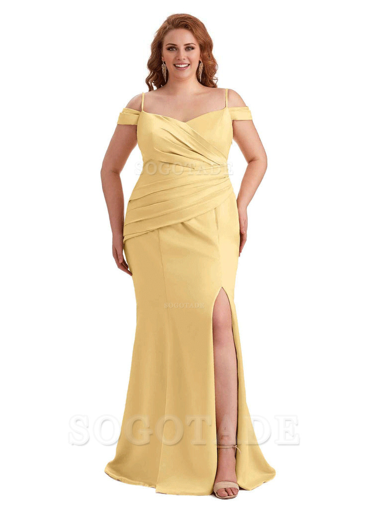 Elegant Cold Shoulder Side Slit Mermaid Soft Satin Long Plus Size Bridesmaid Gowns