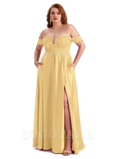 Off Shoulder Side Slit Lace Soft Satin Long Plus Size Bridesmaid Dresses For Wedding