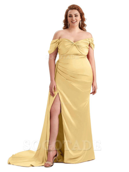 Sexy Side Slit Off The Shoulder Mermaid Soft Satin Long Plus Size Bridesmaid Dress For Wedding