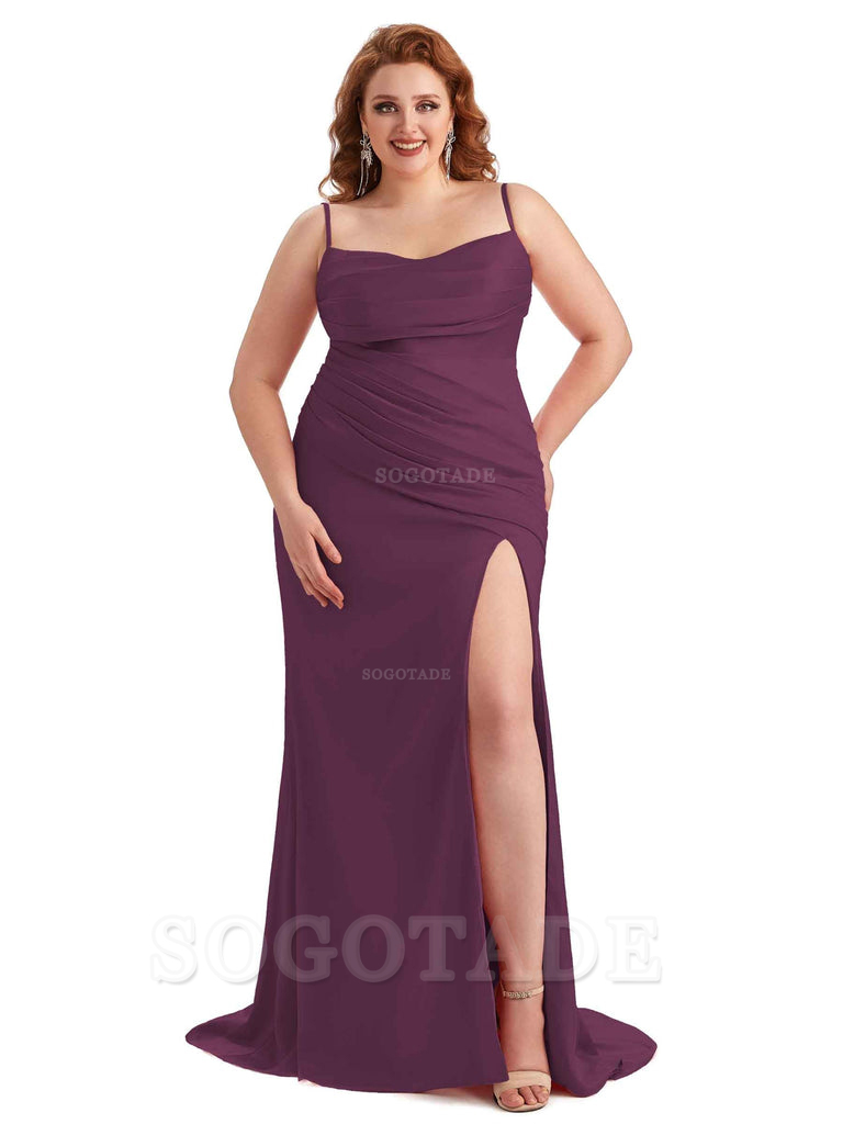 Sexy Side Slit Spaghetti Straps Mermaid Soft Satin Long Plus Size Bridesmaid Dress For Wedding