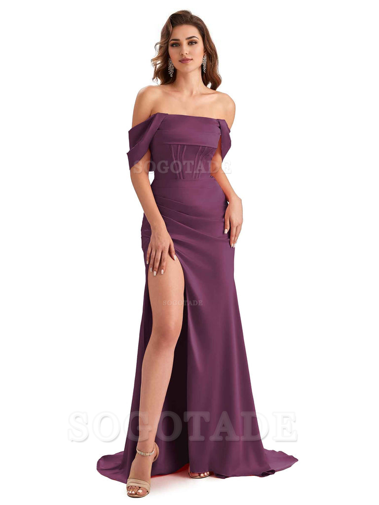Sexy Side Slit Mermaid Soft Satin Off The Shoulder Unique Long Wedding Attendee Dresses