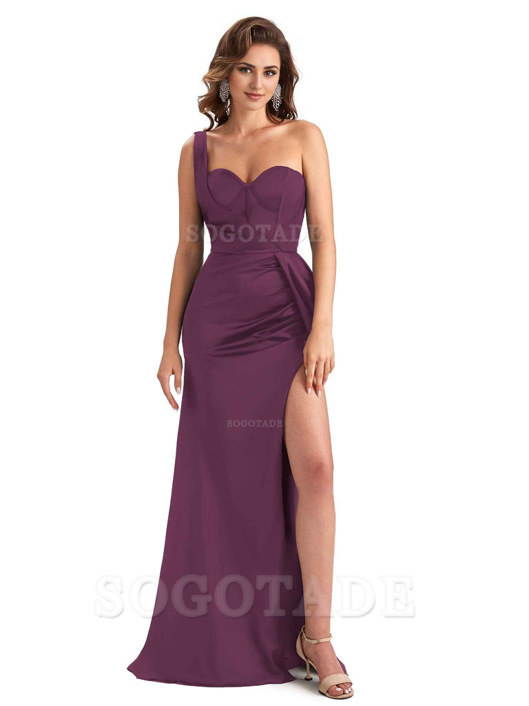 Sexy Mermaid Silky Satin Side Slit One Shoulder Unique Long Wedding Guest Dresses