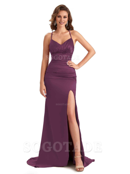 Sexy Mermaid Silky Satin Side Slit One Shoulder Unique Long Wedding Guest Dresses