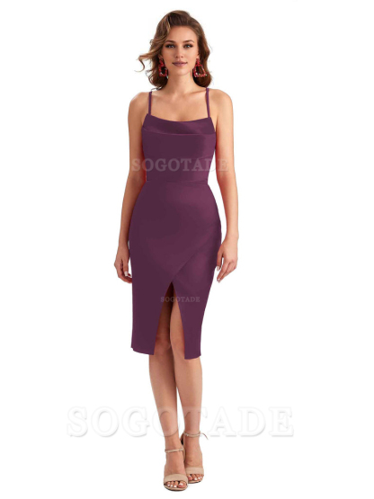 Elegant Spaghetti Straps Mermaid Soft Satin Knee Length Short Bridesmaid Dresses