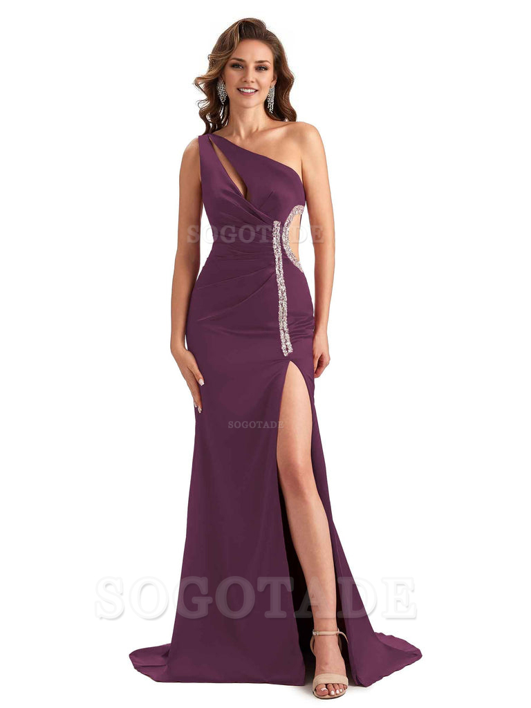 Sexy Side Slit Mermaid Soft Satin One Shoulder Lace Long Bridesmaid Dresses