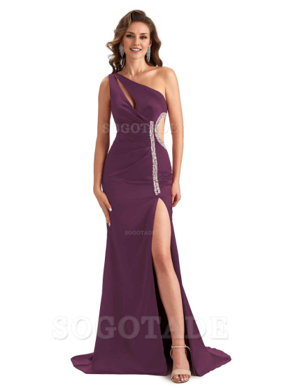 Sexy Side Slit Mermaid Soft Satin One Shoulder Lace Long Bridesmaid Dresses