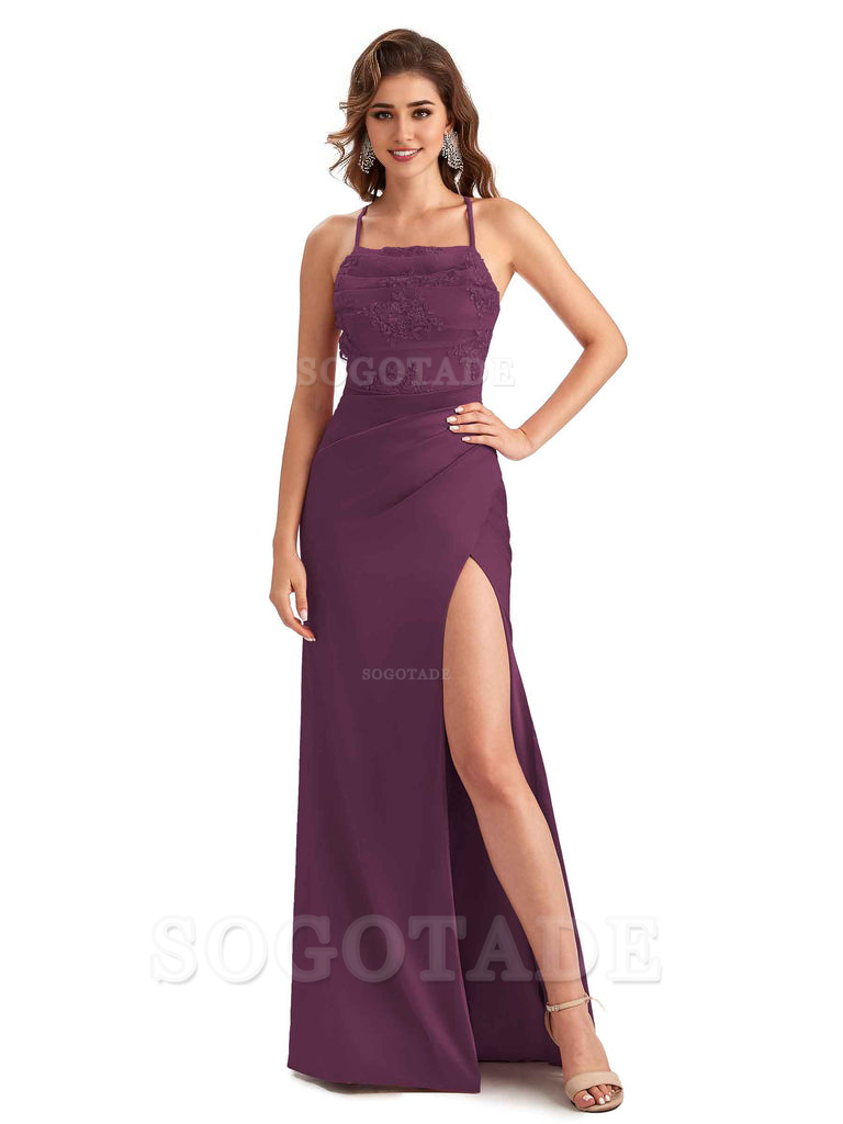 Sexy Side Slit Mermaid Lace Silky Satin Long Wedding Day Guest Dresses