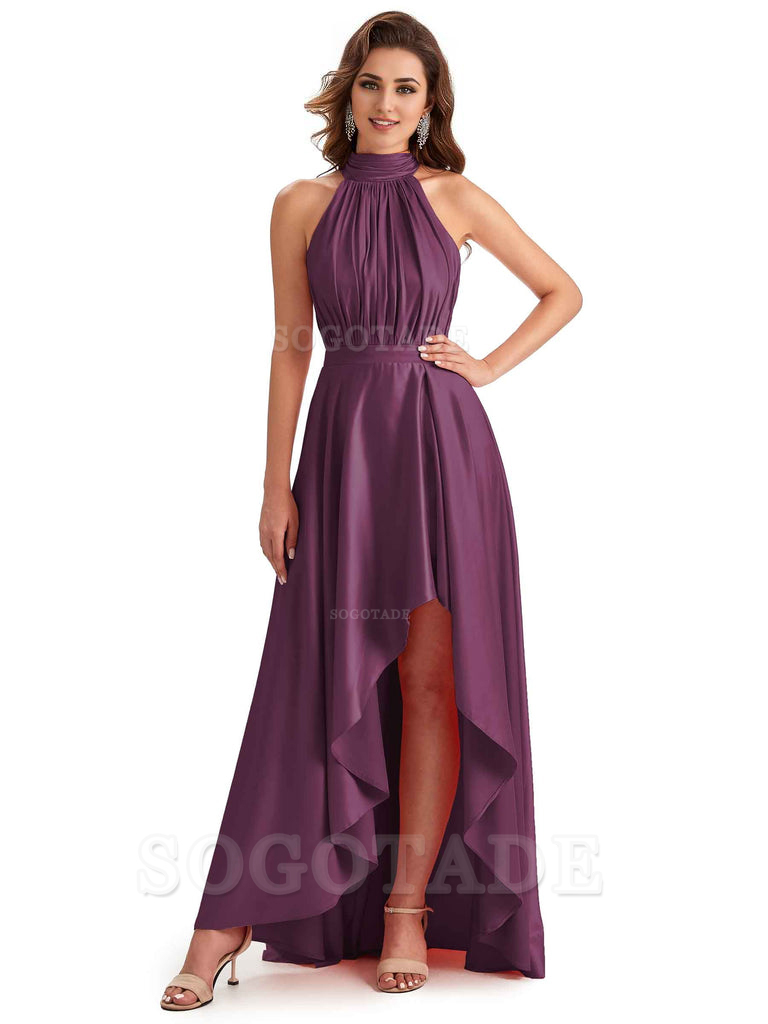 Soft Satin High Neck High Low A-Line Unique Bridesmaid Dresses Online