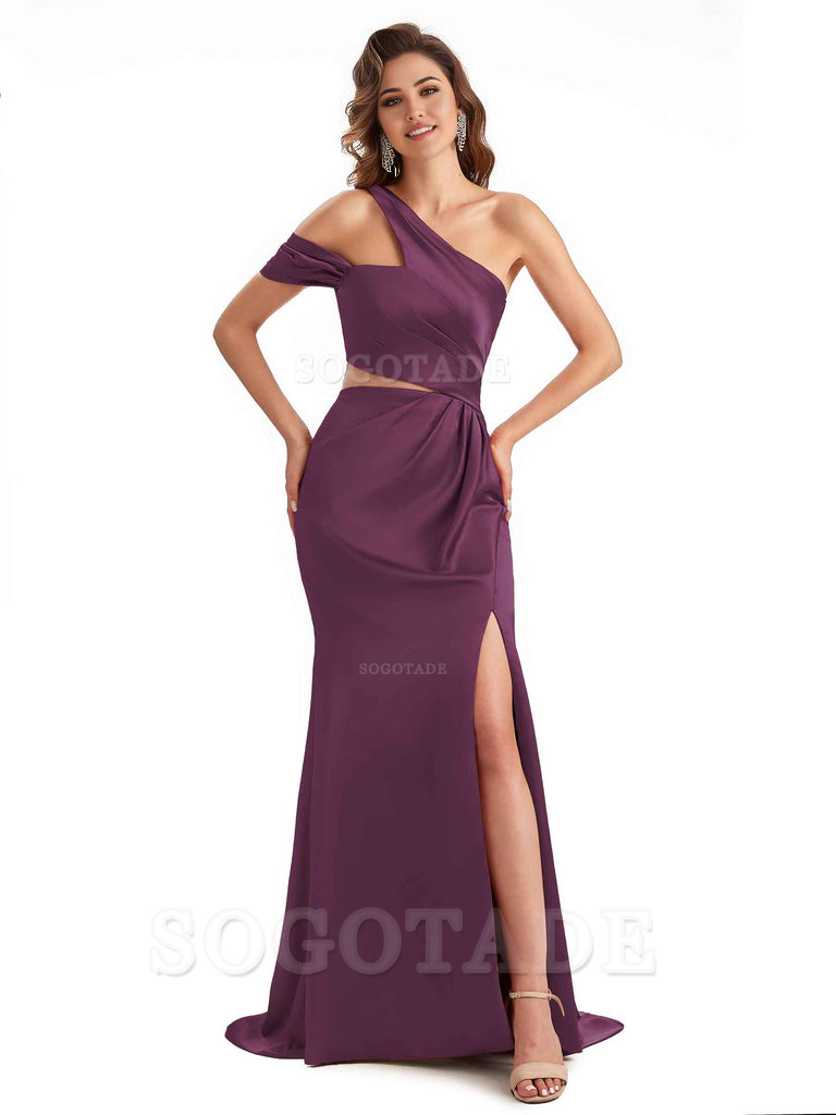 Sexy Side Slit Mermaid Soft Satin One Shoulder Long Unique Bridesmaid Dresses