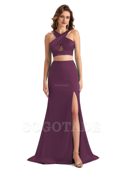 Sexy Side Slit Mermaid Silky Satin Halter Two Pieces Unique Long Bridesmaid Dresses