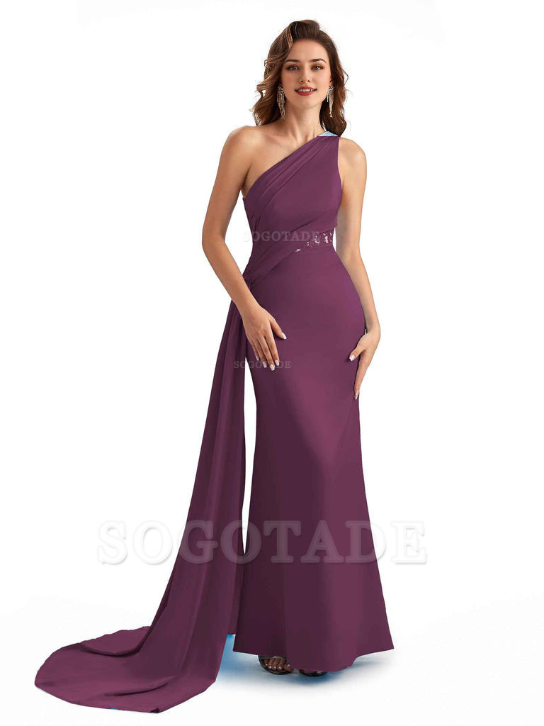 Sexy Mermaid Silky Satin One Shoulder Lace See Through Long Bridesmaid Dresses Online