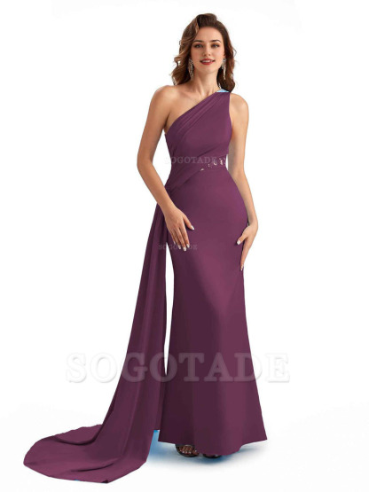 Sexy Mermaid Silky Satin One Shoulder Lace See Through Long Bridesmaid Dresses Online