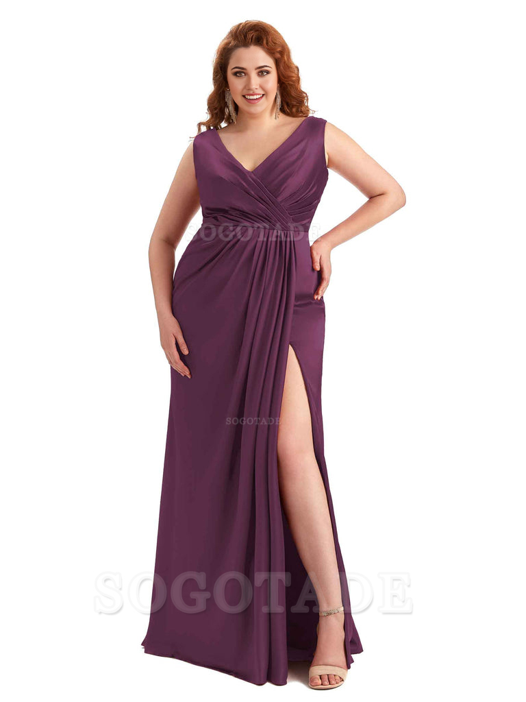 Mermaid V-Neck Satin formal dresses evening gown Bridesmaid Dresses With Side Slit 