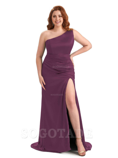 One Shoulder Sexy Side Slit Sleeveless Mermaid Soft Satin Long Plus Size Bridesmaid Dress For Wedding